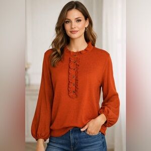 Boden 100% Merino Wool Orange Women's Sweater Ruffle Details Sz 16 US XL Coastal